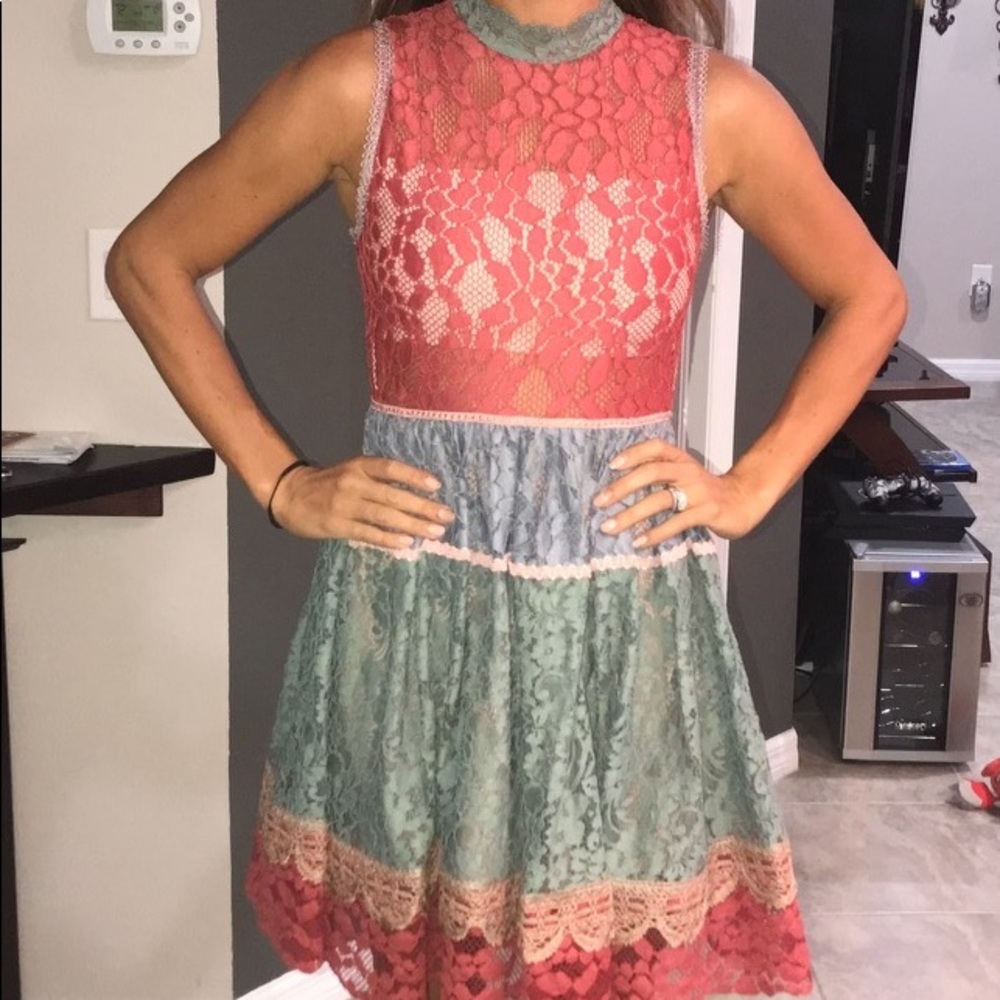Alexis Vedette Lace Colorblock Multicolor Red Green Sleeveless mini dress